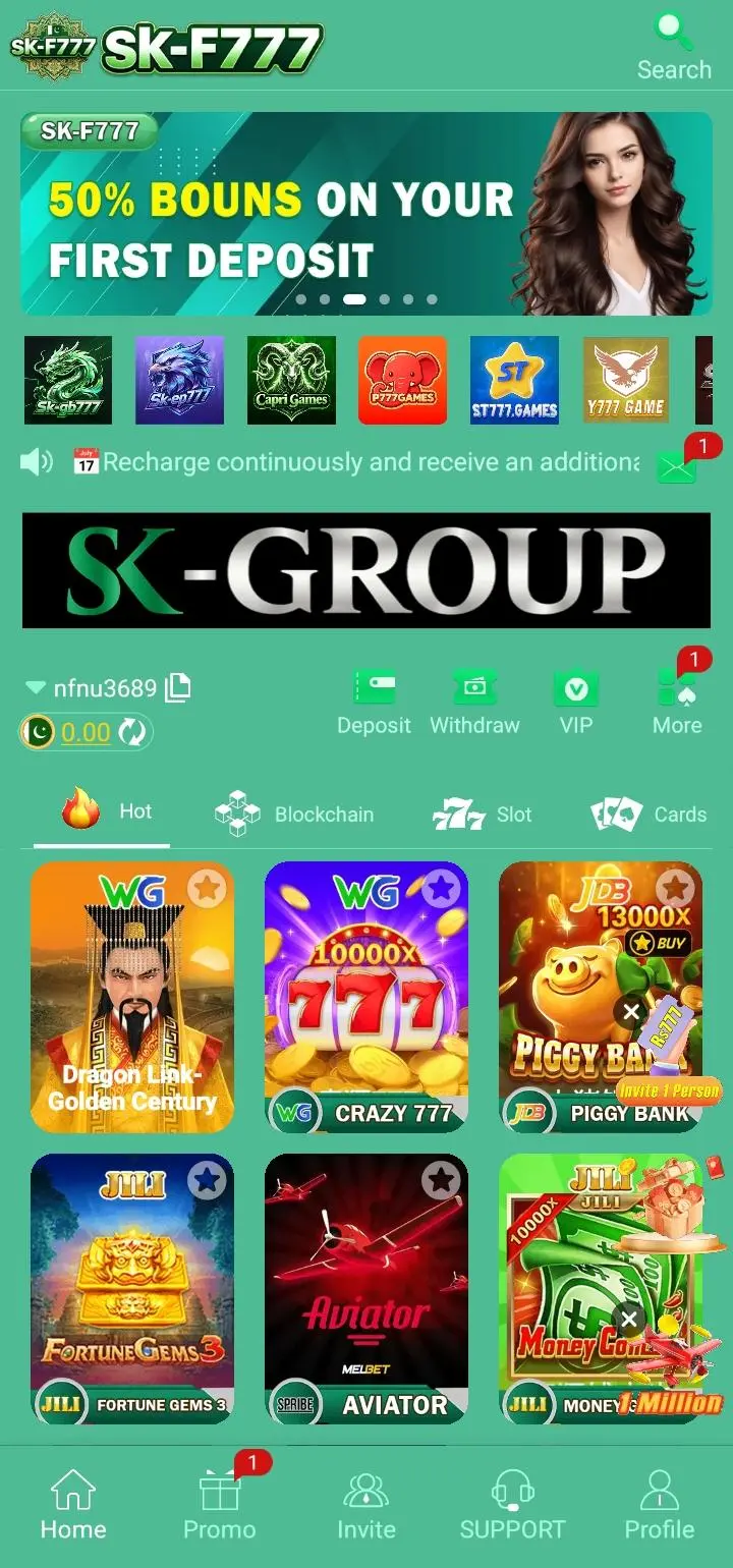 SKF777 APK home screen showing game lobby and navigation